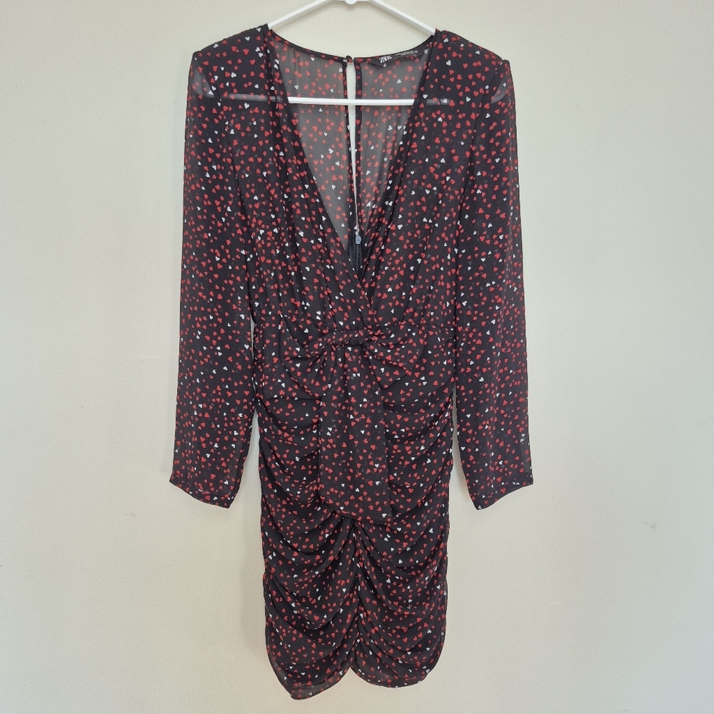 Zara Women's Black Valentine's Day Heart Print Ruched Mini Dress Size S - Picture 2 of 11